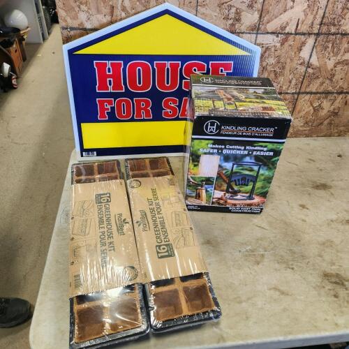 Wood splitter, signs, greenhouse kits