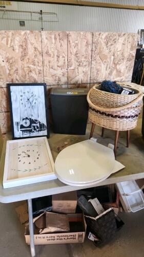 Sewing basket full of yarn & thread, new toulet seat, paper shredder, etc