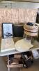 Sewing basket full of yarn & thread, new toulet seat, paper shredder, etc