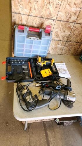 Drill w battery, hardware storage box, various power tools