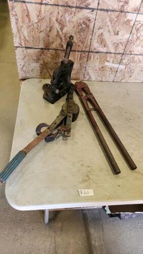 Pipe vice, come-along, bolt cutter