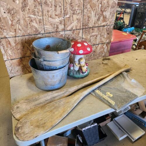 Buckets, oars, garden decor, etc.