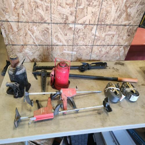 Quick clamps, pick, weeder, 2 c track ratchet straps, bottle jacks