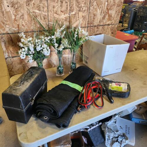 Vases, booster cables, 4'x10' mesh tarp and lunch box