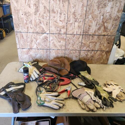 Booster cables, gloves, hats