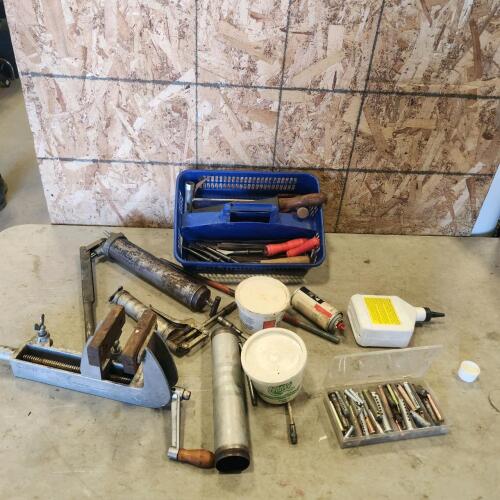 4" Table vice, grease guns, various files, etc.