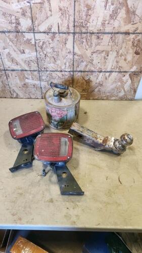 2" hitch w 2 5/16" ball, trailer lights, oil tin