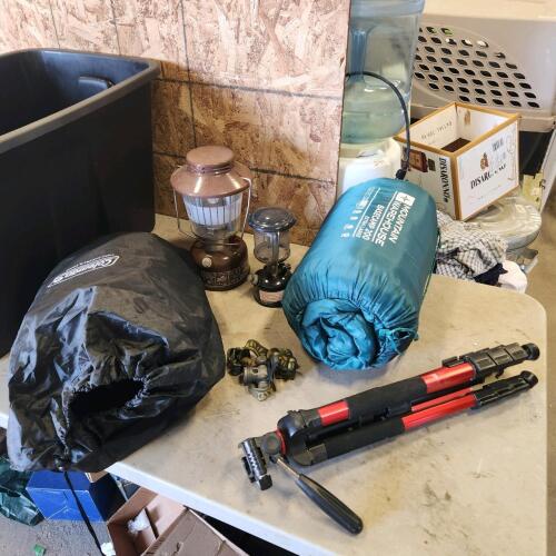 Sleeping bag, 2 kerosene lanterns, twin air mattress, tripod