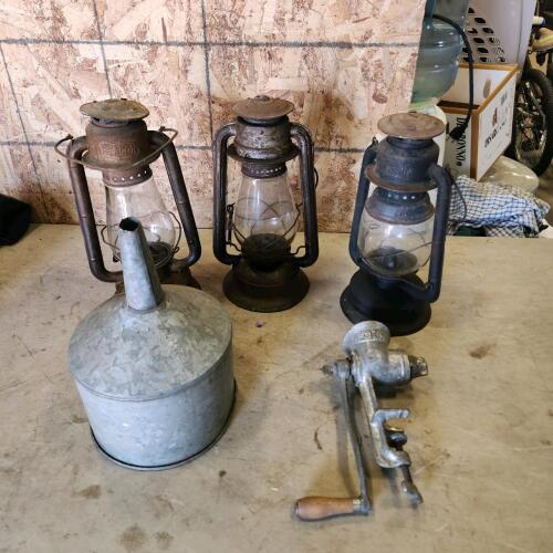 Oil lamps, meat grinder, funnel