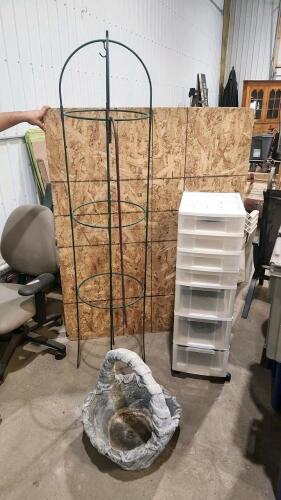 Plastic storage drawers, concrete planter, plant hooks