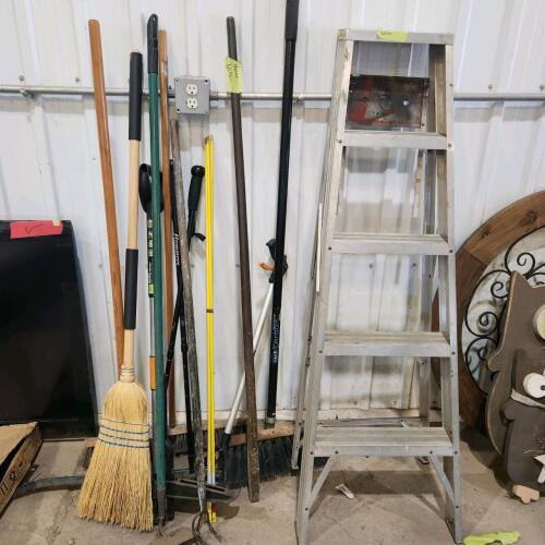 Brooms, ladder, etc.