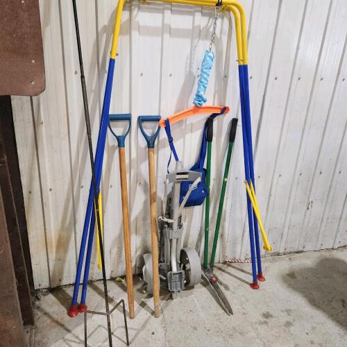 Flower hook, baby swing, handles, golf bag cart, pruner