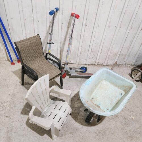 Scooters, kids chairs, wheelbarrow