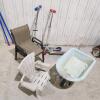 Scooters, kids chairs, wheelbarrow