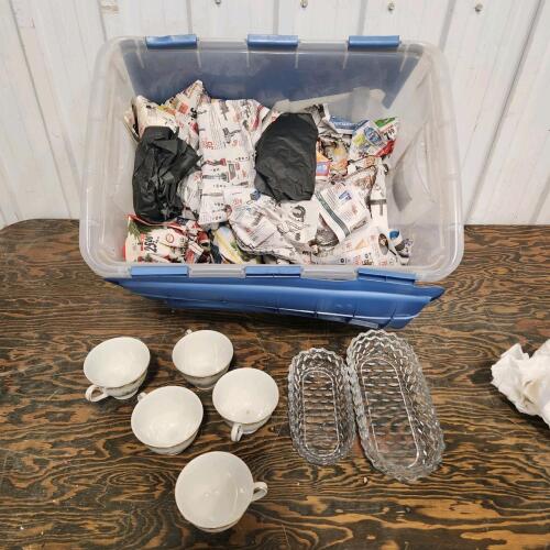Partialy unpacked tub of Royal Doulton mugs & various glassware