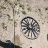 Pitch fork, wooden buggy wheel