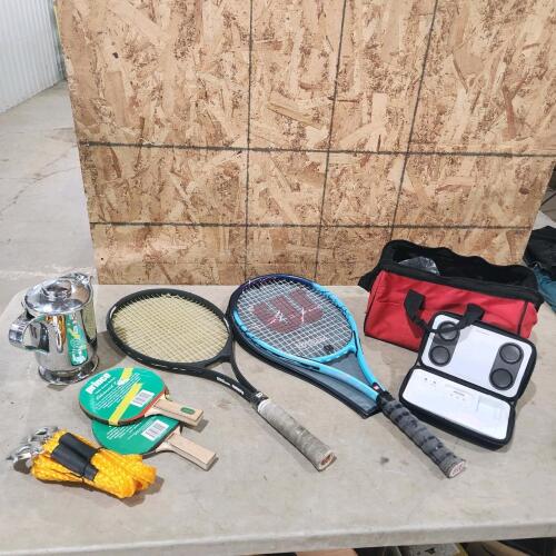 Tow strap, tennis rackets, tool bag, etc.