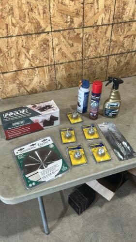 Wire brushes, 7 1/4&rdquo; cement blade, wheel chocks, etc