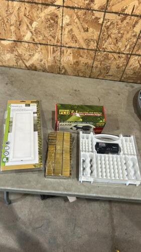 12V sprayer pump, battery storage box w tester, light bar, staples