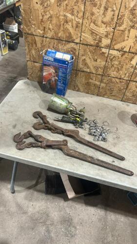 Load binders, paint sprayer, lug nuts