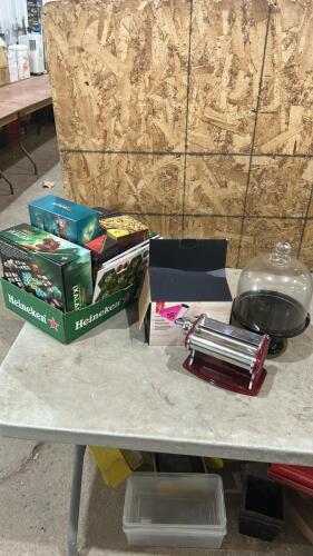 Pasta maker, cake stand, empty Magic the gathering boxes