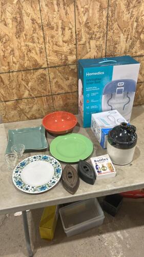9&rdquo;T Crock w damage, foot bath, irons, dishes, etc