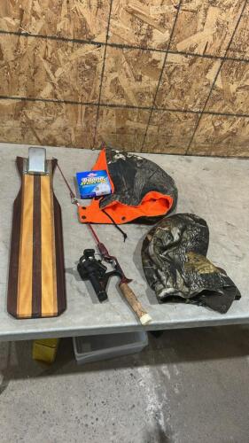 Ice fishing pole, camo hoods, fish filet board