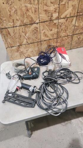 Clothes line, finish nailer, trouble light, drill, dremel